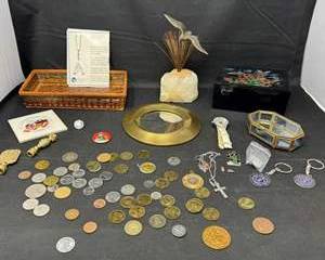 Lot 360  Mixed Coin and Jewelry Collection with Decorative Boxes and Sculpture