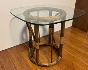 Lot 294  Vintage Rattan and Glass Side Table
