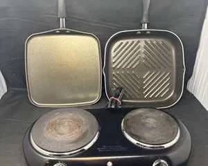 Lot 74  Vintage Farberware Electric Double Burner Hot Plate with Square Grill and Griddle Pans