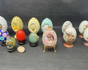 Lot 30  Decorative Egg Collection  HandPainted, Carved, Stone  Ornamental Display Eggs