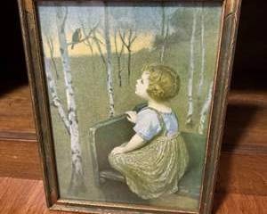 Lot 347  Vintage Framed Print of Girl Sitting on Bench with Bird in Birch Tree Forest