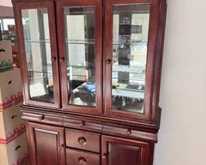 Lot 208  Elegant Solid Cherrywood 2Piece China Cabinet w Glass Display  Ashley Furniture
