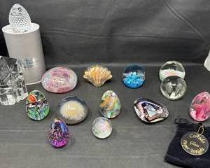 Lot 49  Handblown Art Glass Paperweights  Sculptures  Signed Pieces, Iridescent, Abstract  Floral