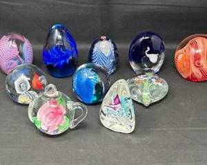 Lot 47  Handblown Art Glass Paperweights  Sculptures  Signed Examples, Floral  Abstract Designs