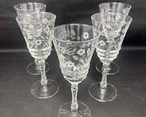 Lot 104 Vintage Etched Glass Wine Goblets Set of Five