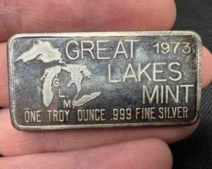 Lot 213  1973 Great Lakes Mint 1 Troy Ounce .999 Fine Silver Bar