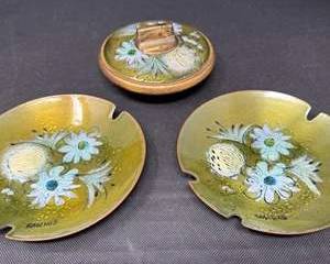 Lot 157  Signed SASCHA Enamel on Copper Ashtrays  Table Lighter  MidCentury Art Set