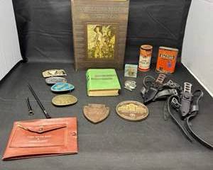 Lot 359  Vintage Collectible Lot Including Books, Badges, and Memorabilia