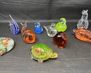 Lot 48  Handblown Art Glass Animals  Figurines  Murano Style, Birds, Turtle, Fish  Abstract Forms