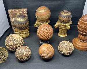 Lot 163  Vintage Decorative Carved Wood Spheres and Columns Set