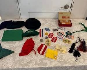 Lot 368  Vintage Girl Scouts Uniform Lot with Patches and Memorabilia