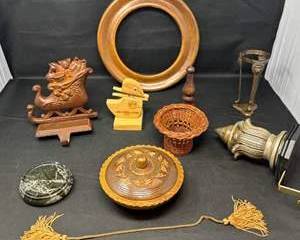 Lot 132  Vintage and Antique Decorative Lot with Wooden, Metal, and Stone Items