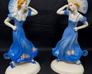 Lot 151  Vintage Royal Doulton Porcelain Figurines Pair, 1930s, Blue Dress with Fans
