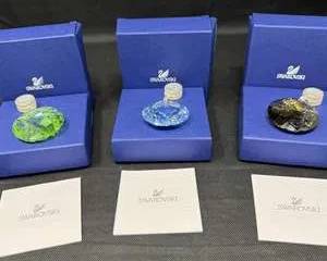 Lot 12  Swarovski SCS Crystal Medallion Lot 3  Green, Blue  Black  Boxed  Austria