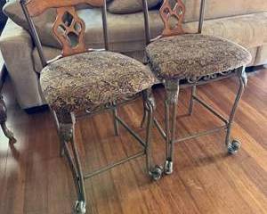 Lot 204  Ashley Furniture Wrought Iron Bar Stools with Wooden Back and Upholstered Seat