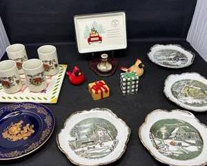 Lot 128  Assorted Holiday and Decorative Ceramic Plates, Mugs, and Figurines