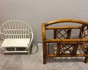 Lot 263  Vintage Rattan Magazine Rack  Wood Doll Bench