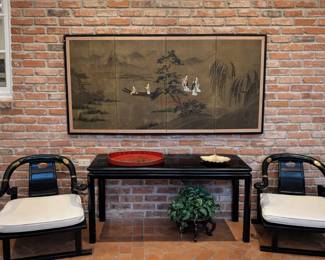 Chinese black lacquer horseshoe chairs, black lacquer sofa table and four panel hand  painted silk screen