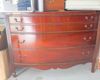 Small bowfront, genuine, antique American maid mahogany three drawer dresser