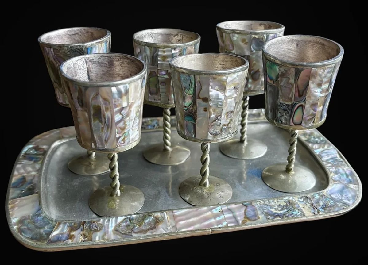 Abalone Shell Cordial Goblet Set w Tray