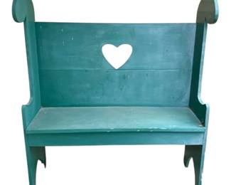 Green Wooden High Back Outdoor Bench w Heart Cutout