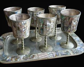 Abalone Shell Cordial Goblet Set w Tray