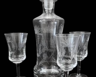 Etched Glass Decanter w Three Matching Goblets