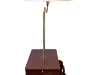 Wooden Side Table w Attached Brass Lamp Magazine Holder