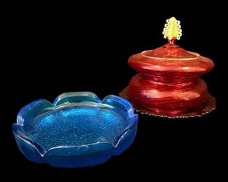 Blenko Blue Glass Ashtray, Red Lidded Candy Dish, Avon Plate