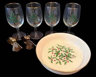 Lenox Holly Plate, Christmas Tree Wine Glasses, Angel Napkin Holders
