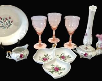 Hand Painted Floral Vase, Creamer Set, Pink Glasses, More
