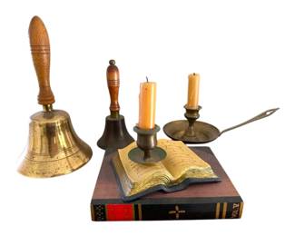 Brass Bells With Wooden Handle And Candlestick