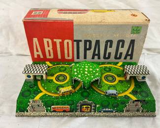9 1/2″ x 4 1/2″ Abtotpacca Foreign Tin Toy Playset with Cars and Landscape