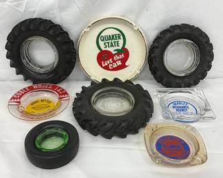 8 Tire-Themed and Branded Ashtrays Featuring GMC, Quaker State, and Firestone