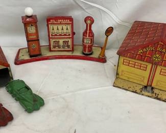 Three Marx Tin Toys: Gas Station, Cars, and Garages