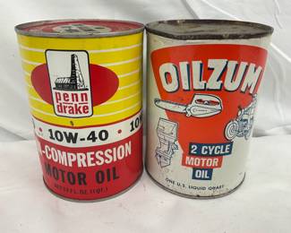 Two 1 Quart Cans: Penn Drake Motor Oil and Oilzum 2-Cycle Motor Oil