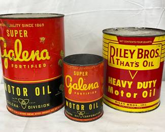 Three Vintage Motor Oil Cans: Galena Division and Riley Bros.