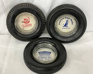 Three Tire-Themed Ashtrays Featuring BF Goodrich, Armstrong, and Goodyear