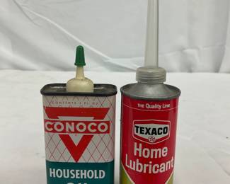 Two 4 oz Oil Cans: Conoco Household Oil and Texaco Home Lubricant