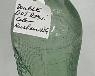 Green Glass Double-Dot Pepsi-Cola Bottle with Embossed Text, 7-9in. tall 
