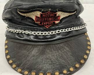 Early Leather Harley-Davidson Patch Hat with Studded Brim and Chain Accent