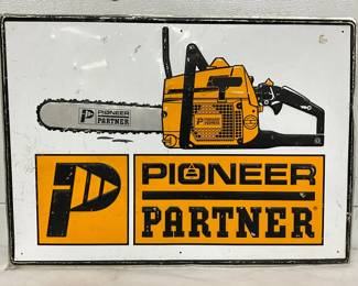 Embossed Metal Advertising Sign for Pioneer Partner Chainsaws, 28in x 20in