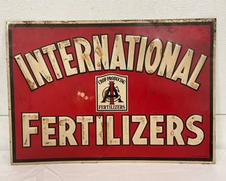 Early Embossed ‘International Fertilizers’ Tin Sign, 19 1/2in x 14in