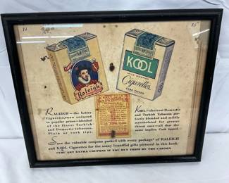 Framed 1930s Raleigh and Kool Cigarette Advertisement, 13 x 11 Inches