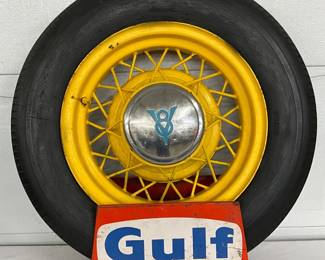 Gulf Tire Display with Yellow Painted Wheel and Advertiser Sign, 27 x 28 Inches