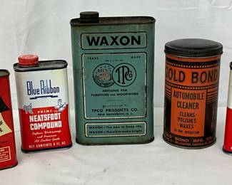 5 Vintage Tin Cans Featuring Treco, Waxon, Cold Bond, and Blue Ribbon