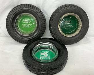 Three Kelly Tires-Themed Glass and Rubber Ashtrays