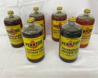 Six 1QT. Pennzoil Outboard Motor Oil Bottles with Original Labels