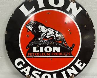 Single-Sided Lion Gasoline Porcelain Sign, 18 Inches