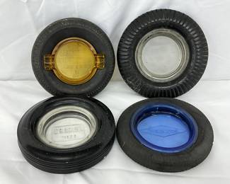 4 Tire-Themed Glass and Rubber Ashtrays Featuring Firestone, US Royal, and Diamond Branding